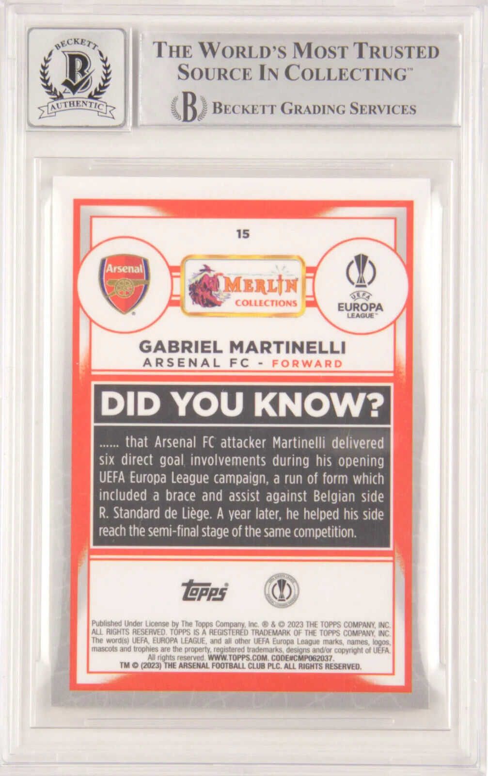 Gabriel Martinelli Signed 2022-23 Topps Merlin Chrome Gold /50 – BGS 9 Autograph